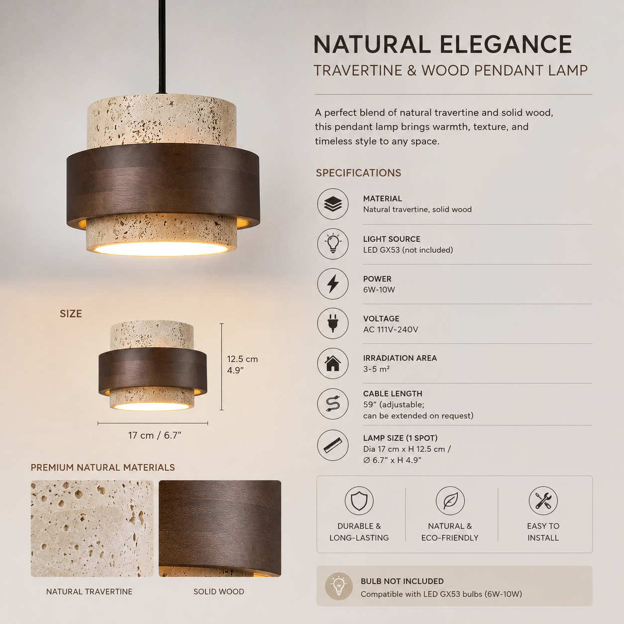 Travertine Pendant Light  Wabi-Sabi Hanging Lamp for Kitchen, Dining and Living Room