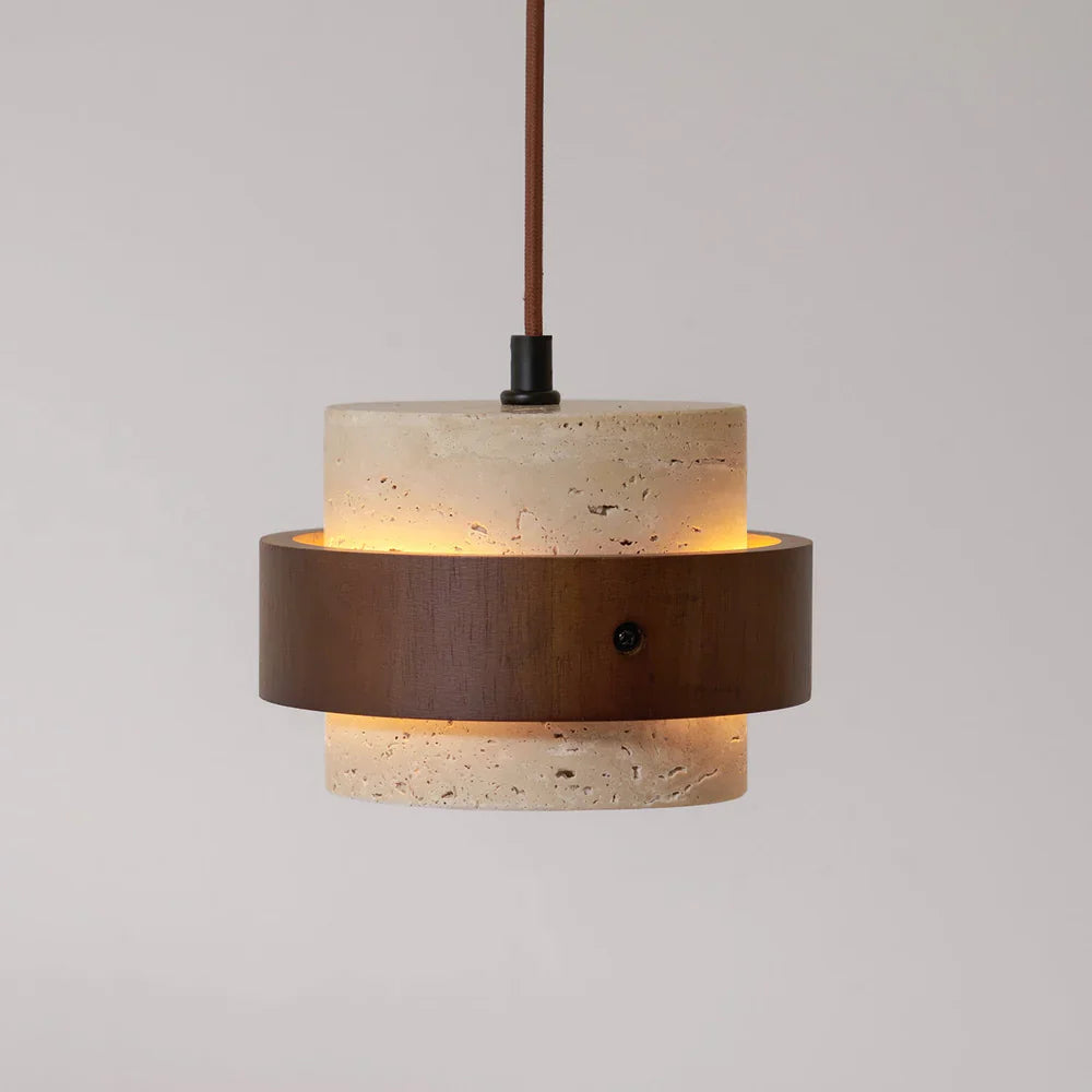 Travertine Stone Pendant Light with Walnut Accent Modern | Stonira