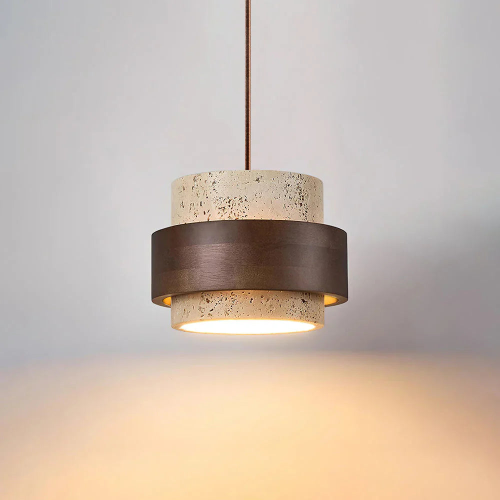 Travertine Stone Pendant Light with Walnut Accent Modern | Stonira