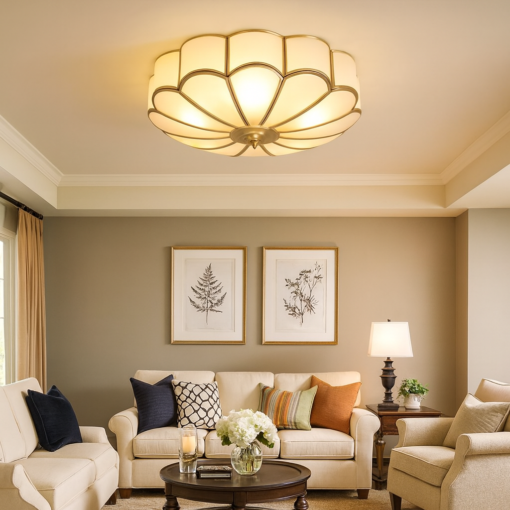 Vintage Brass Frosted Glass Flush Ceiling Light | Vireve