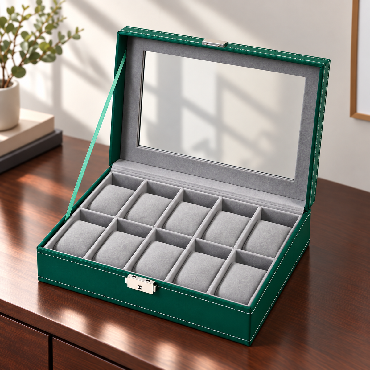 Watch Box with Clear Display Lid Removable Cushions and Lock