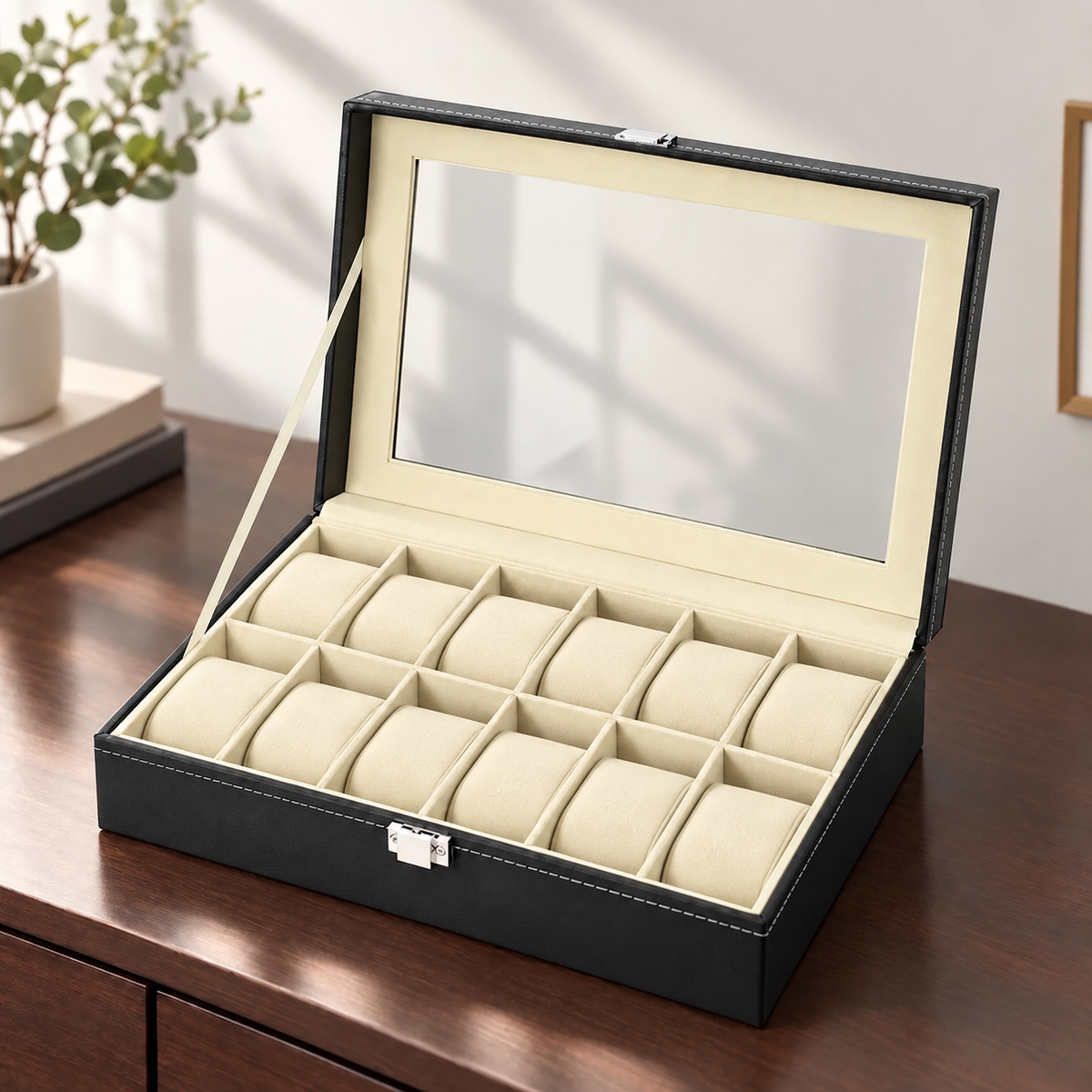 Watch Box with Clear Display Lid Removable Cushions and Lock