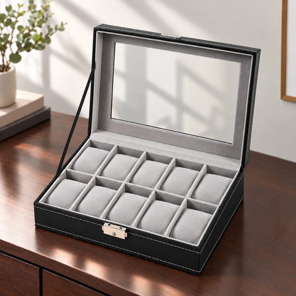 Watch Box with Clear Display Lid Removable Cushions and Lock