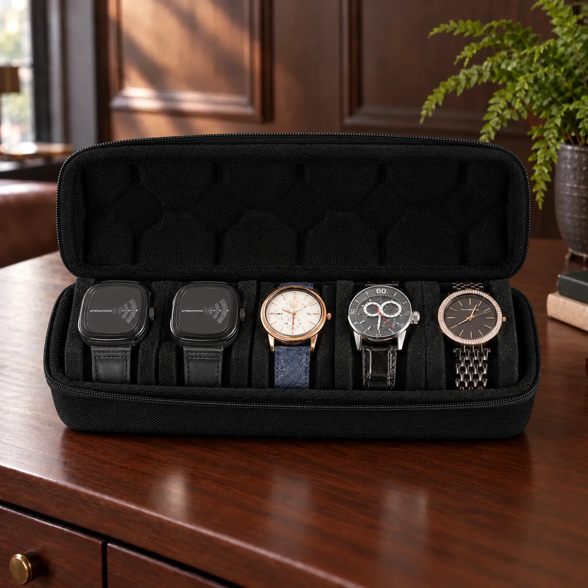 Watch Box with Hard Shell Zipper Closure and Removable Cushions